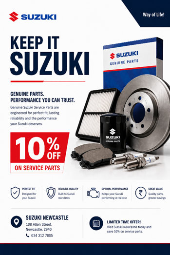Keep your Suzuki performing at its best with genuine Suzuki parts and accessories from Suzuki Newcastle.